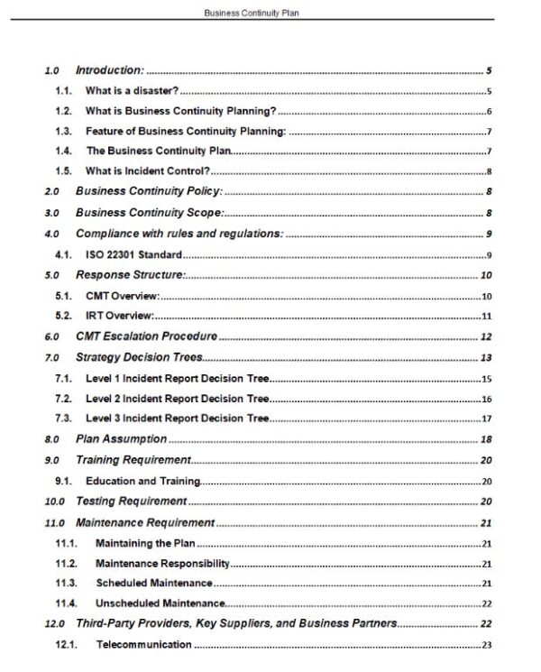 bcp1 This document describes the objectives, responsibilities, and plan actions to be taken in the event of an incident, disruptive challenge or emergency affecting the company operations and staffs. It is intended for reference and use by those members of the organization who will be responsible for implementing the tactics as determined by the Senior Management Team when a decision is taken to invoke the Business Continuity Plan.  