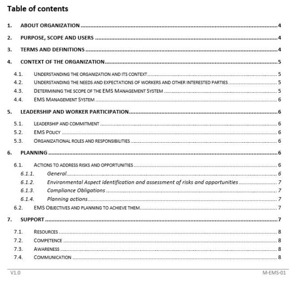 e2 This is the most comprehensive ISO 14001:2015 document toolkit currently available. The documents are created in Microsoft Office format and are ready to be tailored to your organization’s specific needs. As well as standard format and contents, the ISO 14001 template documents include example text that is clearly highlighted to illustrate the type of information that needs to be given regarding your organization. Full example documents are also included to help you with your implementation.