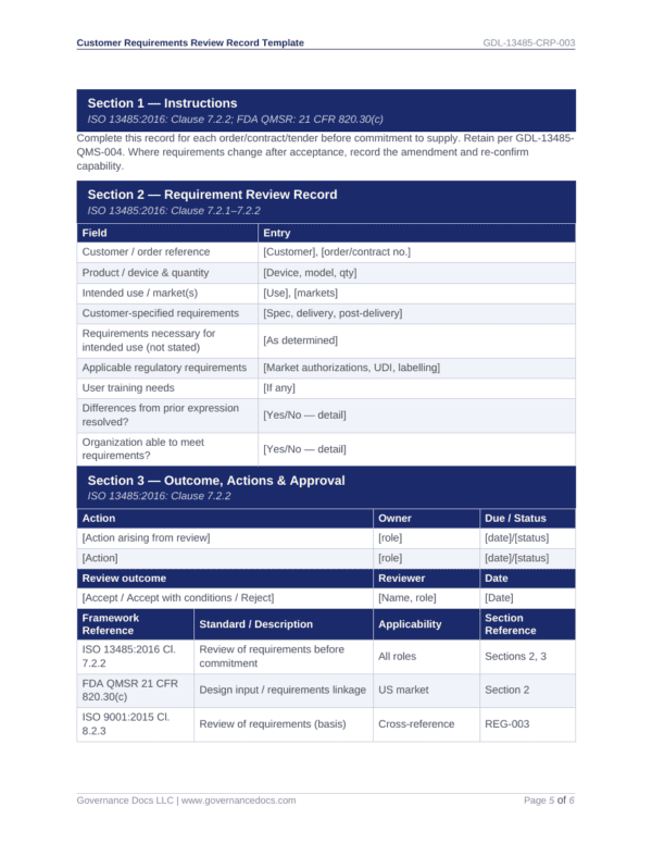 Customer requirements review record template for ISO 13485 compliance.