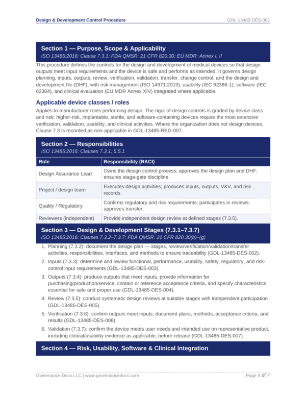 ISO 13485 governance document for design and development control procedures.
