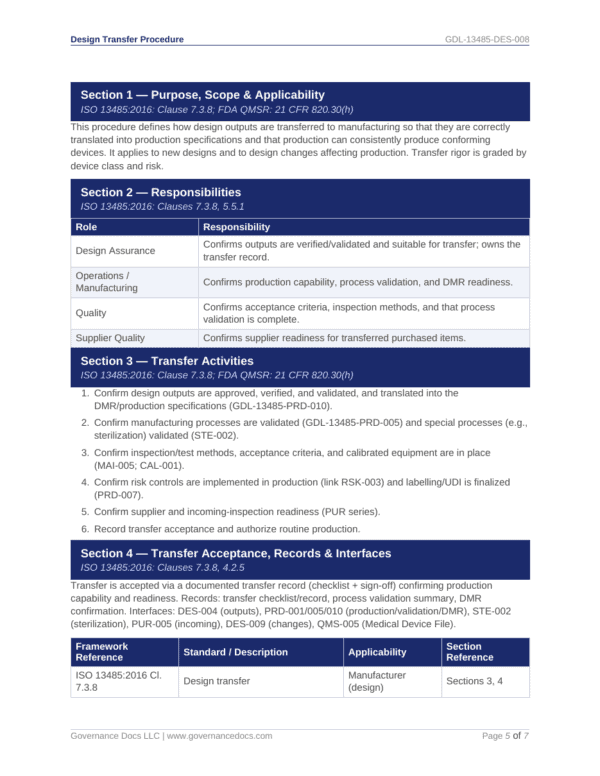 ISO 13485 transfer procedure document with sections on purpose, responsibilities, activities, and I.