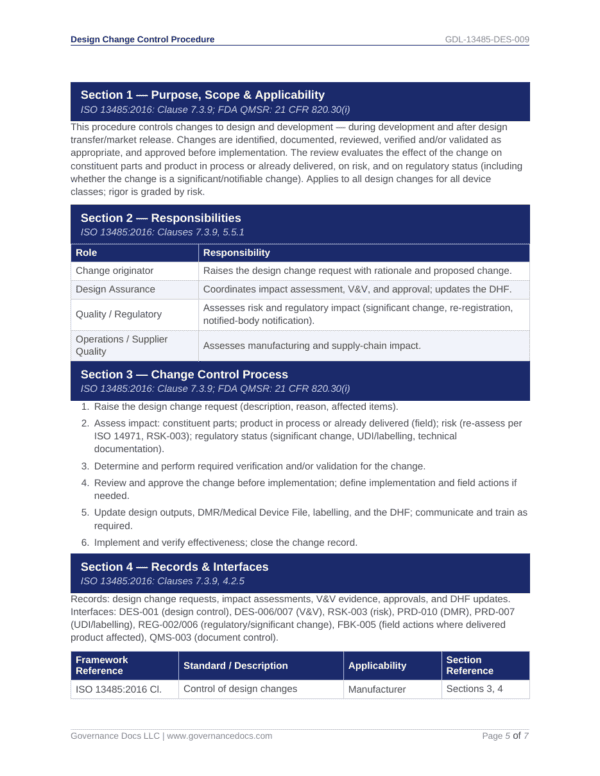 ISO 13485 Toolkit image showing change control and responsibility details.