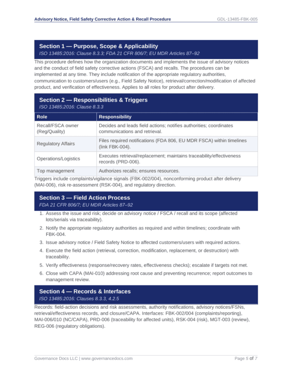 ISO 13485 governance documentation and responsibilities overview.
