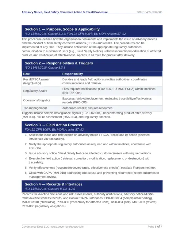 ISO 13485 governance documentation and responsibilities overview.