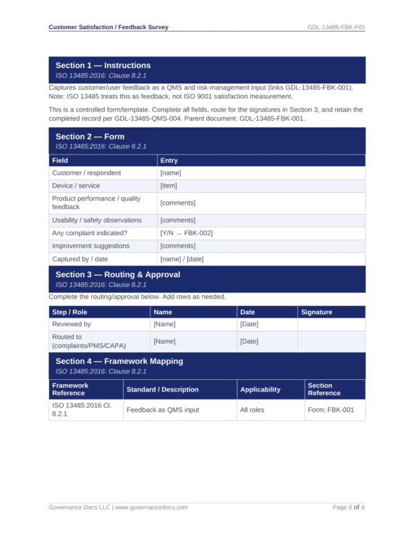 ISO 13485 feedback survey form for quality management system.
