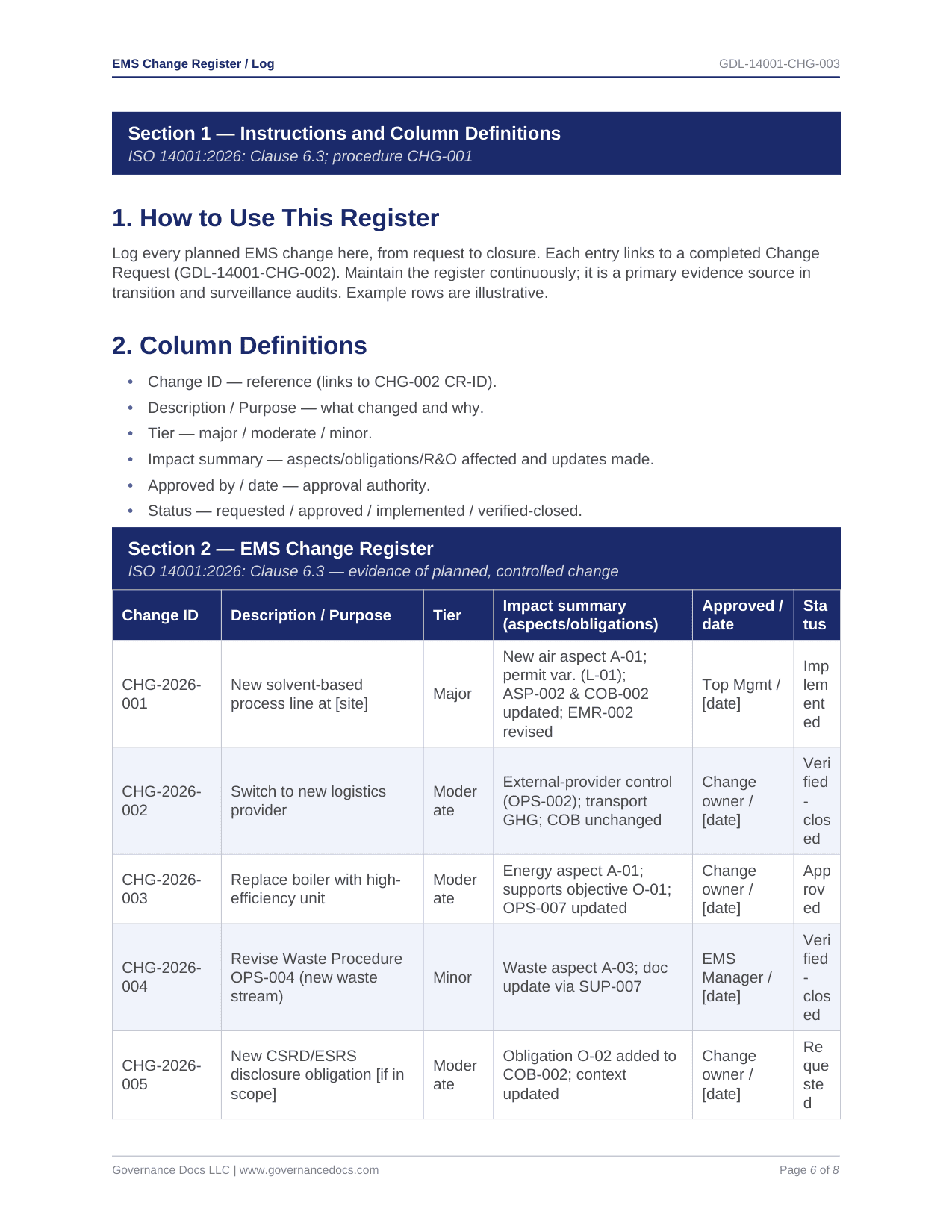 EMS Change Register - ISO 14001 template preview