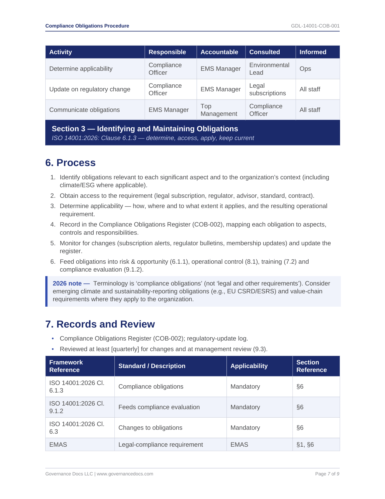 Compliance Obligations Procedure - ISO 14001 template preview