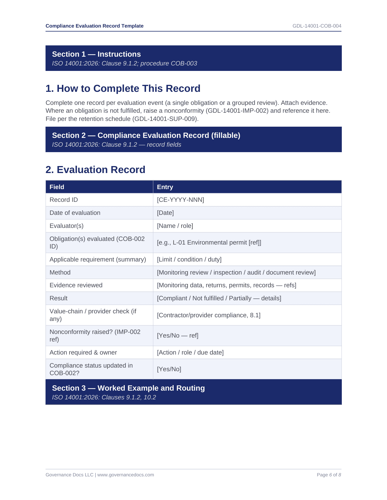 Compliance Evaluation Record Template - ISO 14001 template preview