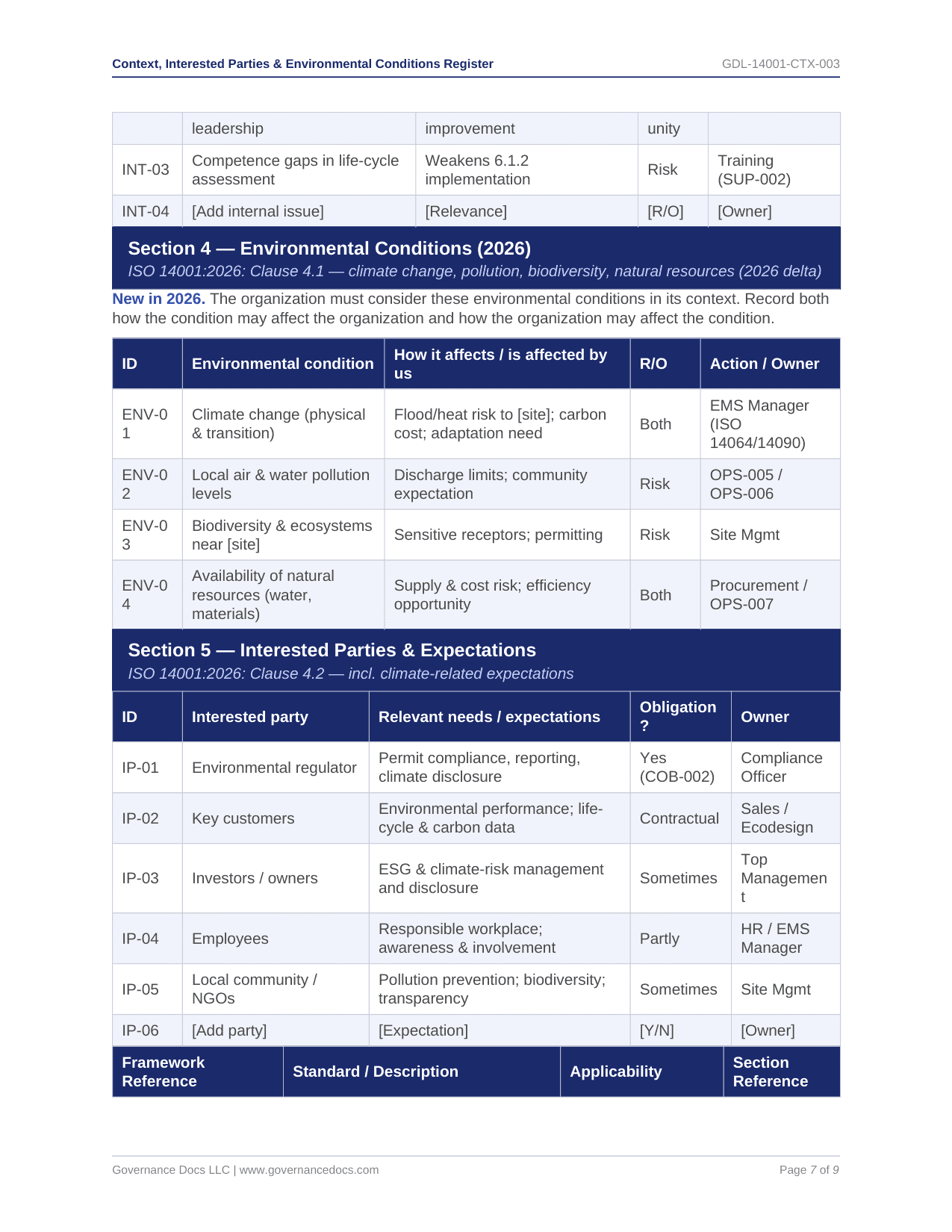 Context Environmental Conditions Register - ISO 14001 template preview