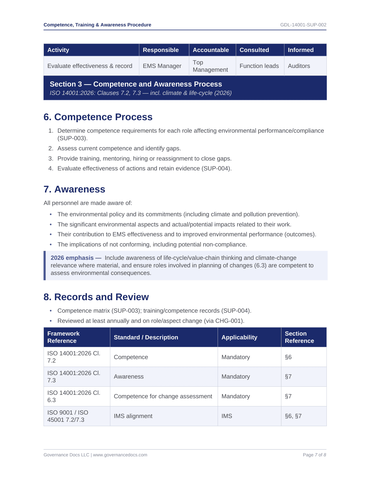 Competence Training Awareness Procedure - ISO 14001 template preview
