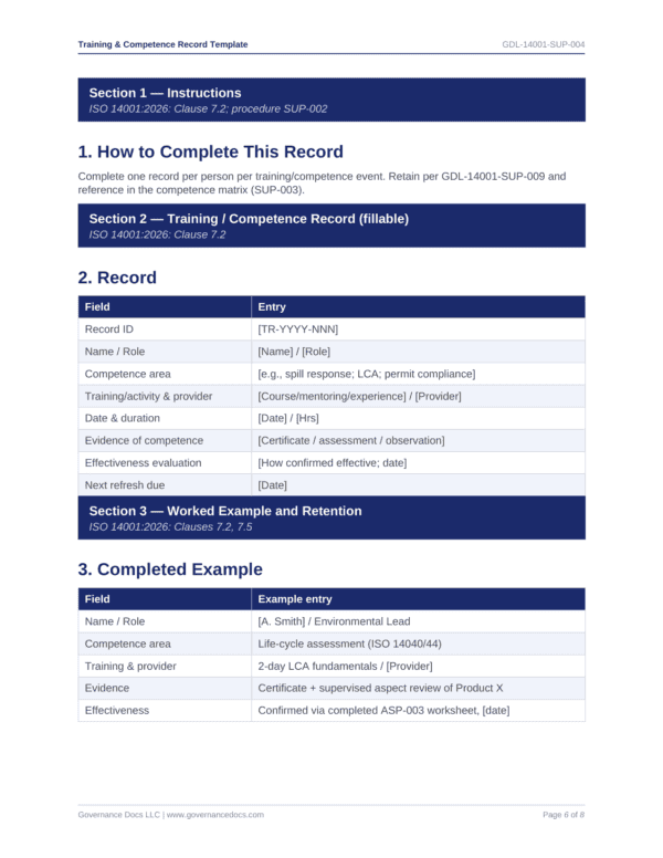 Training Competence Record Template Best Page P6 600x776 - ISO 14001 template preview