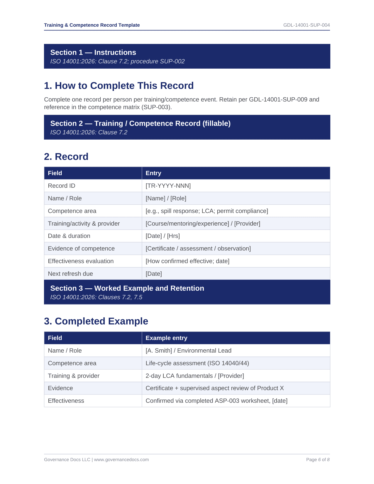 Training Competence Record Template - ISO 14001 template preview