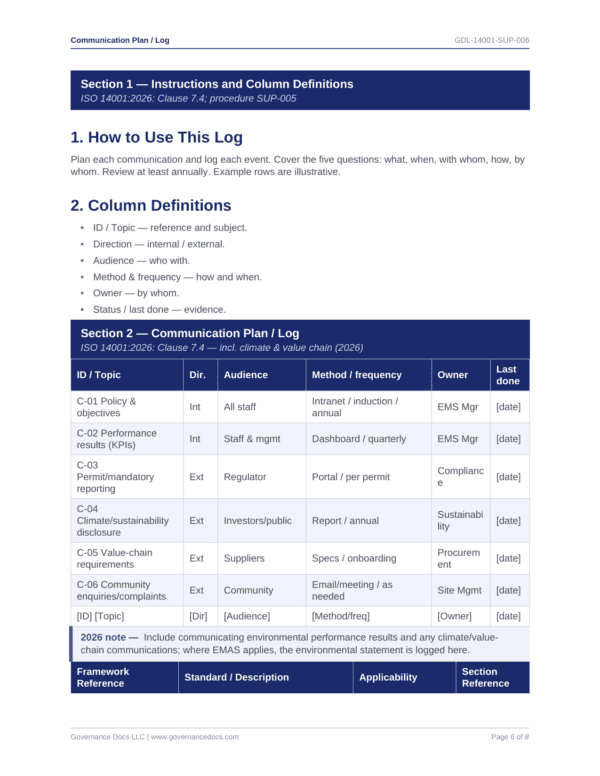 Communication Plan Log Best Page P6 600x776 - ISO 14001 template preview