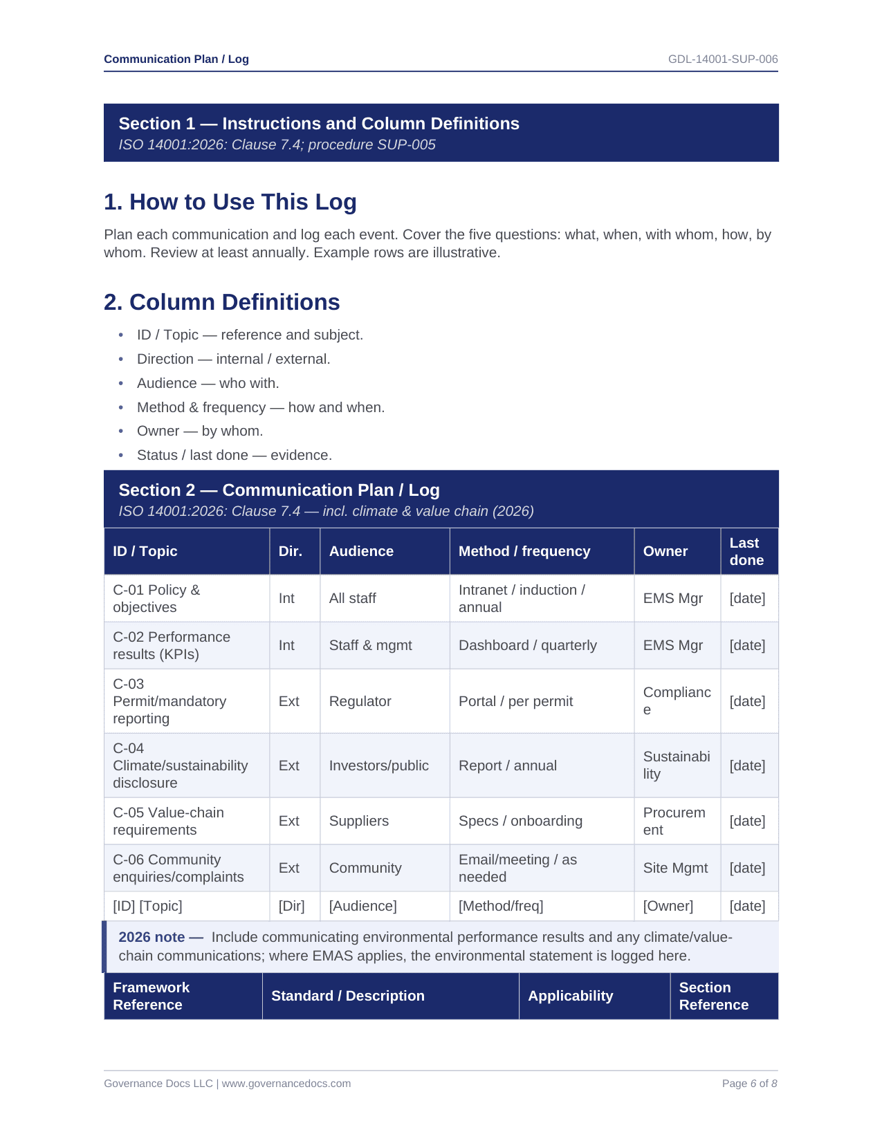 Communication Plan Log - ISO 14001 template preview