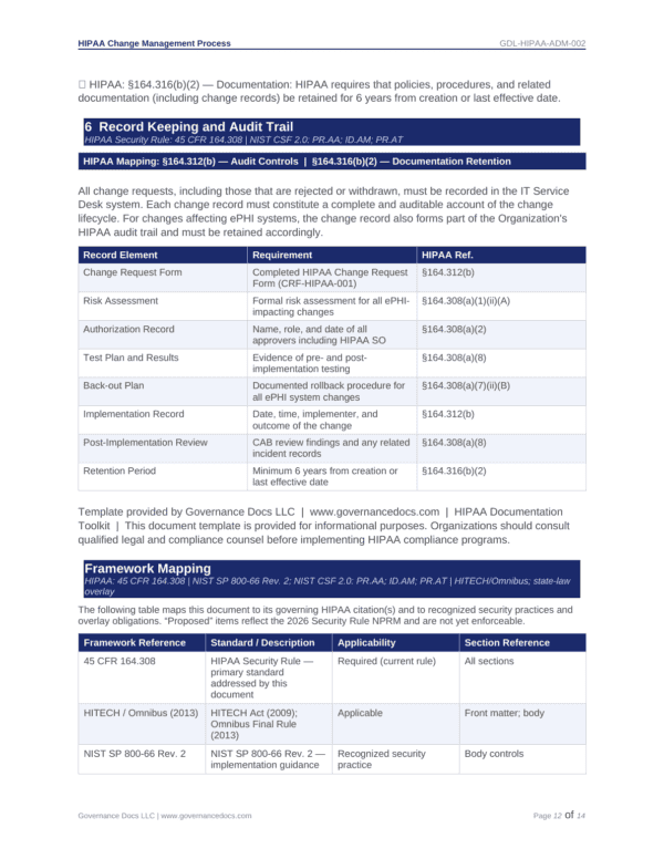 HIPAA change management process diagram for healthcare compliance.