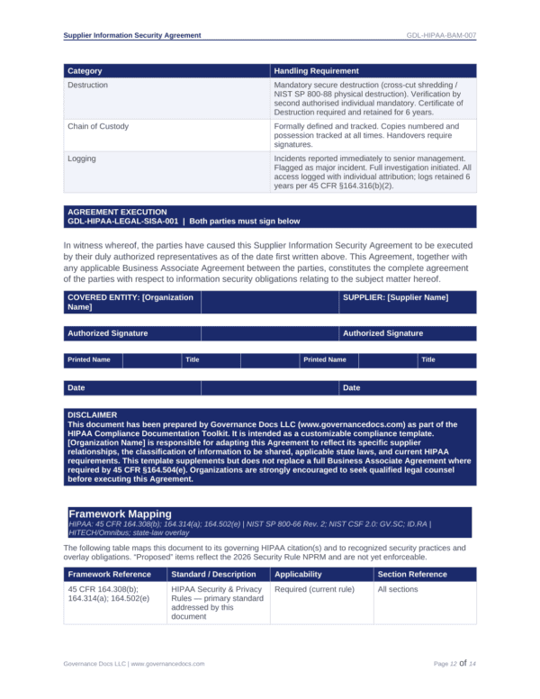 HIPAA security agreement document for governance and compliance.