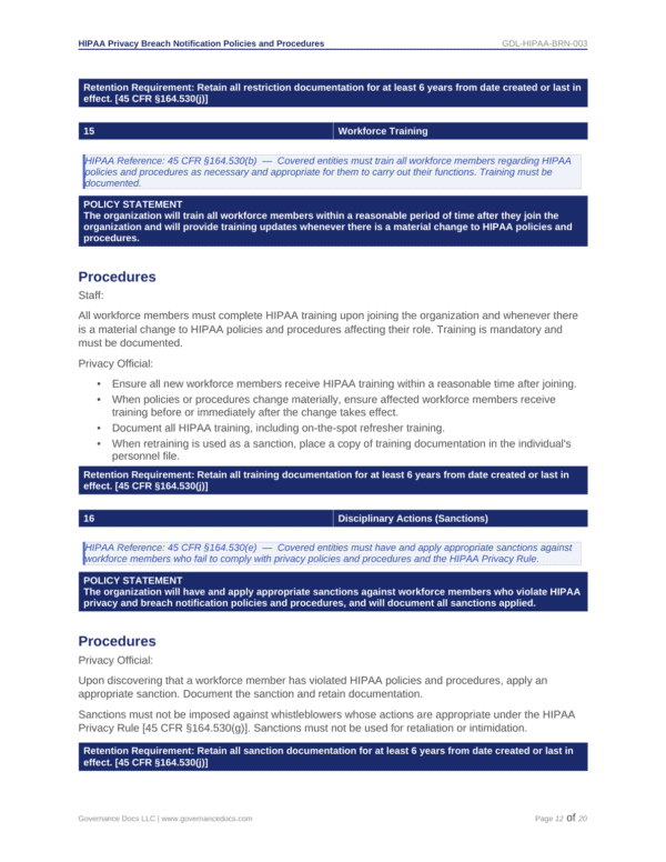 HIPAA breach notification policies and procedures for workforce training and sanctions.