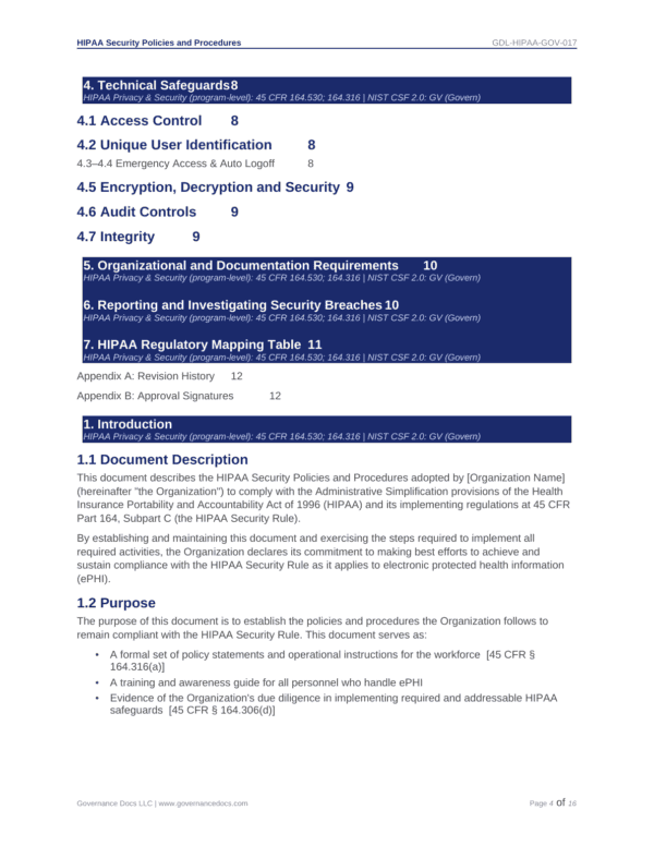 HIPAA security policies and procedures document with focus on safeguards and compliance.