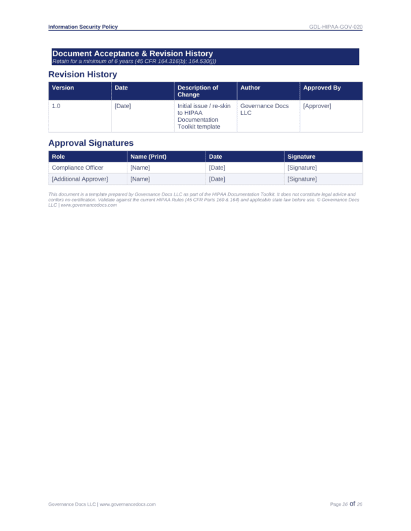 HIPAA document revision history with approval signatures and dates.