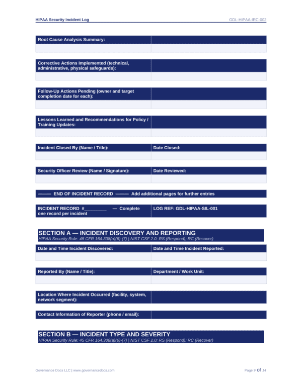 HIPAA security incident log template for compliance documentation.
