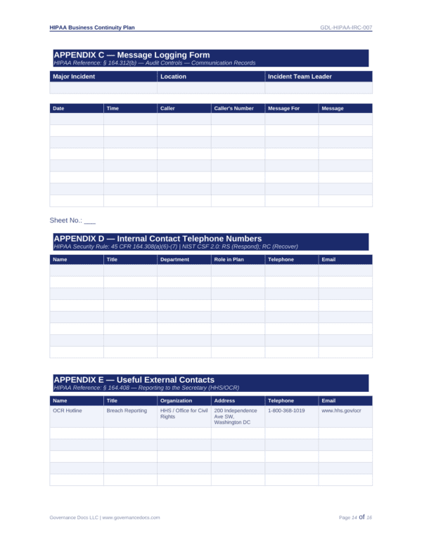 Sample HIPAA templates for business continuity and incident reporting.