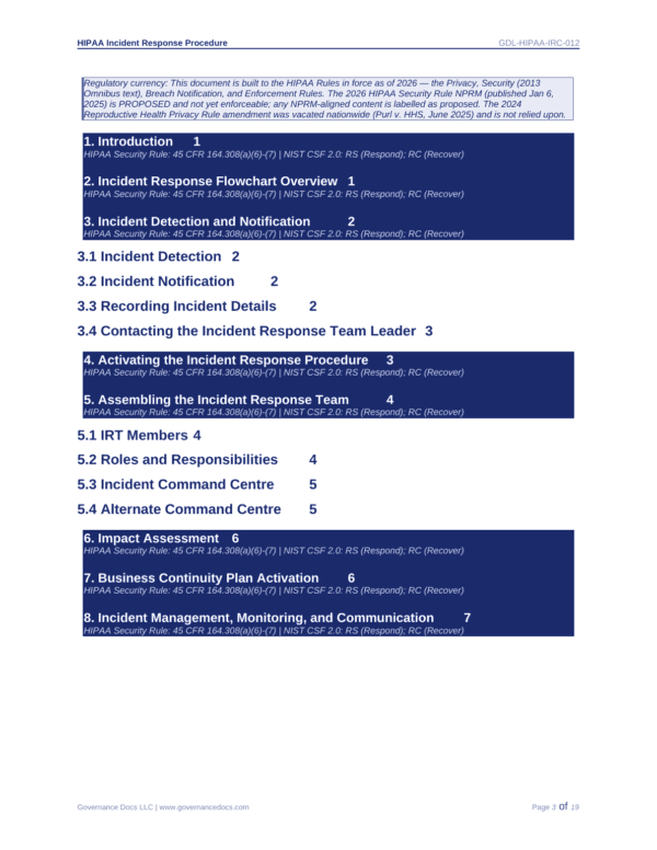 Flowchart illustrating HIPAA incident response procedures and team roles.