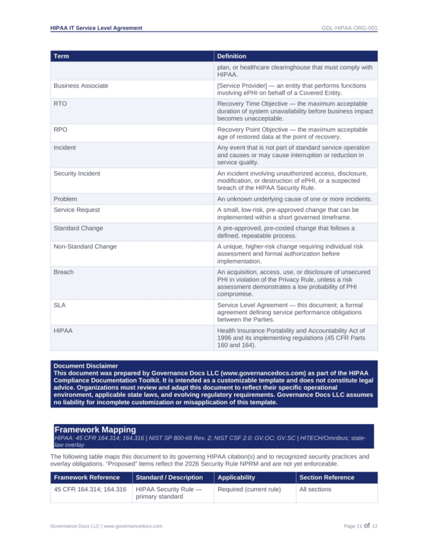 HIPAA Service Level Agreement template for healthcare compliance and data security.