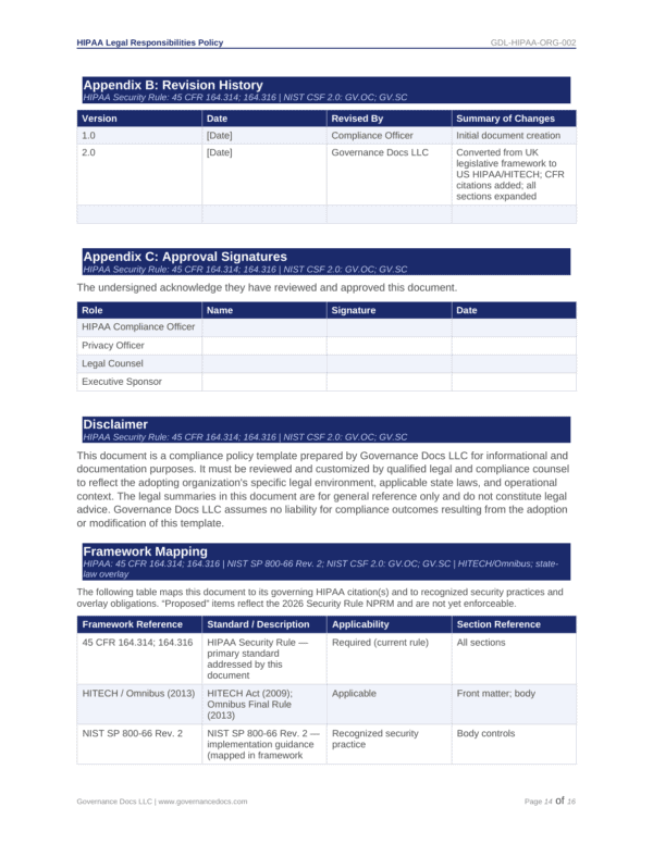 HIPAA security policy with revision history and approval signatures.