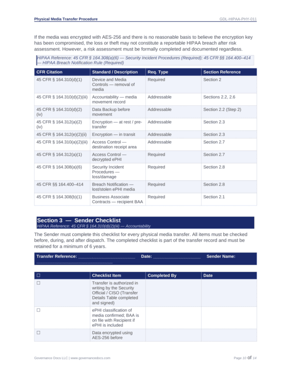 HIPAA transfer procedure with security checklist and documentation details.