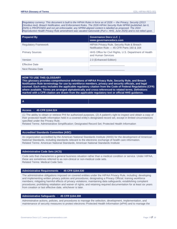 HIPAA compliance and governance documentation for healthcare organizations.