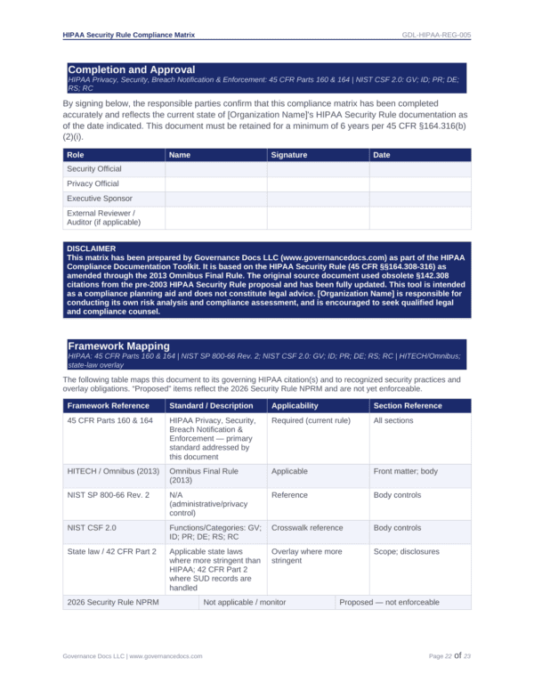 HIPAA Security Rule compliance matrix for governance and security standards.