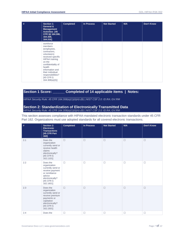 HIPAA compliance assessment form with status columns and notes.