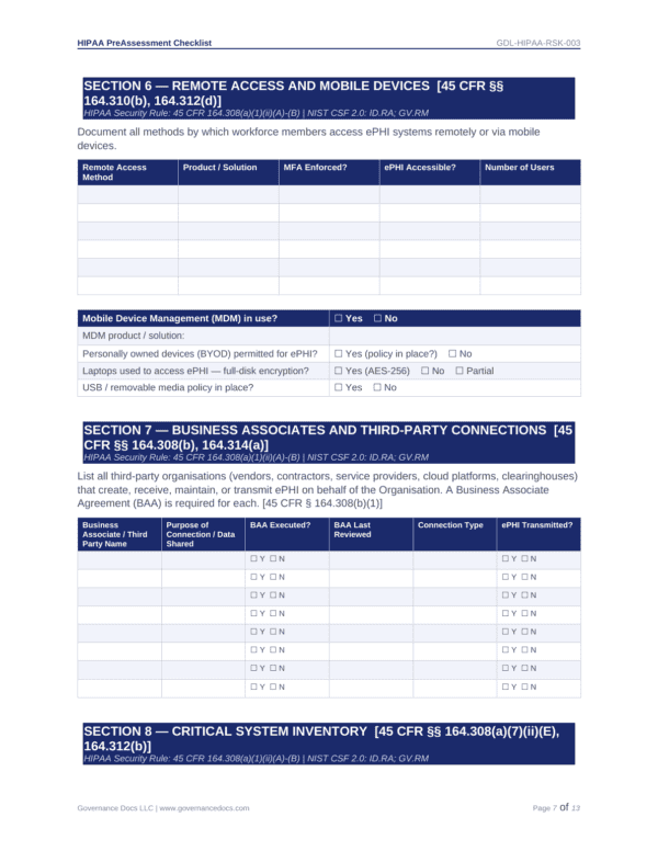 HIPAA compliance checklist for remote access and business associates.