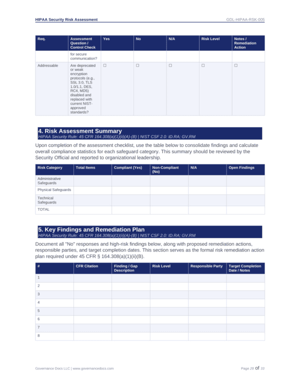 HIPAA risk assessment form for healthcare compliance and security.
