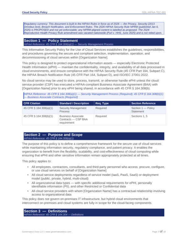 HIPAA security policy document with compliance details and standards.