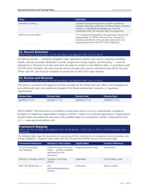 HIPAA security and training policy for healthcare compliance and workforce training.
