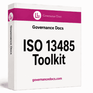 ISO 13485 Toolkit cover with Governance Docs branding and website link.