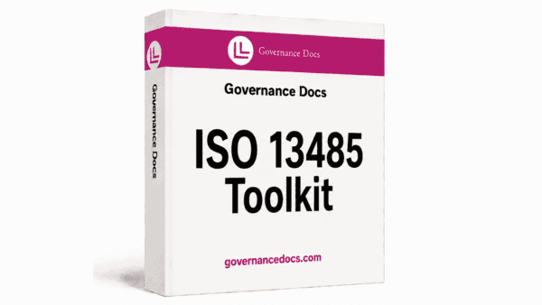 ISO 13485 Toolkit cover with Governance Docs branding and website link.