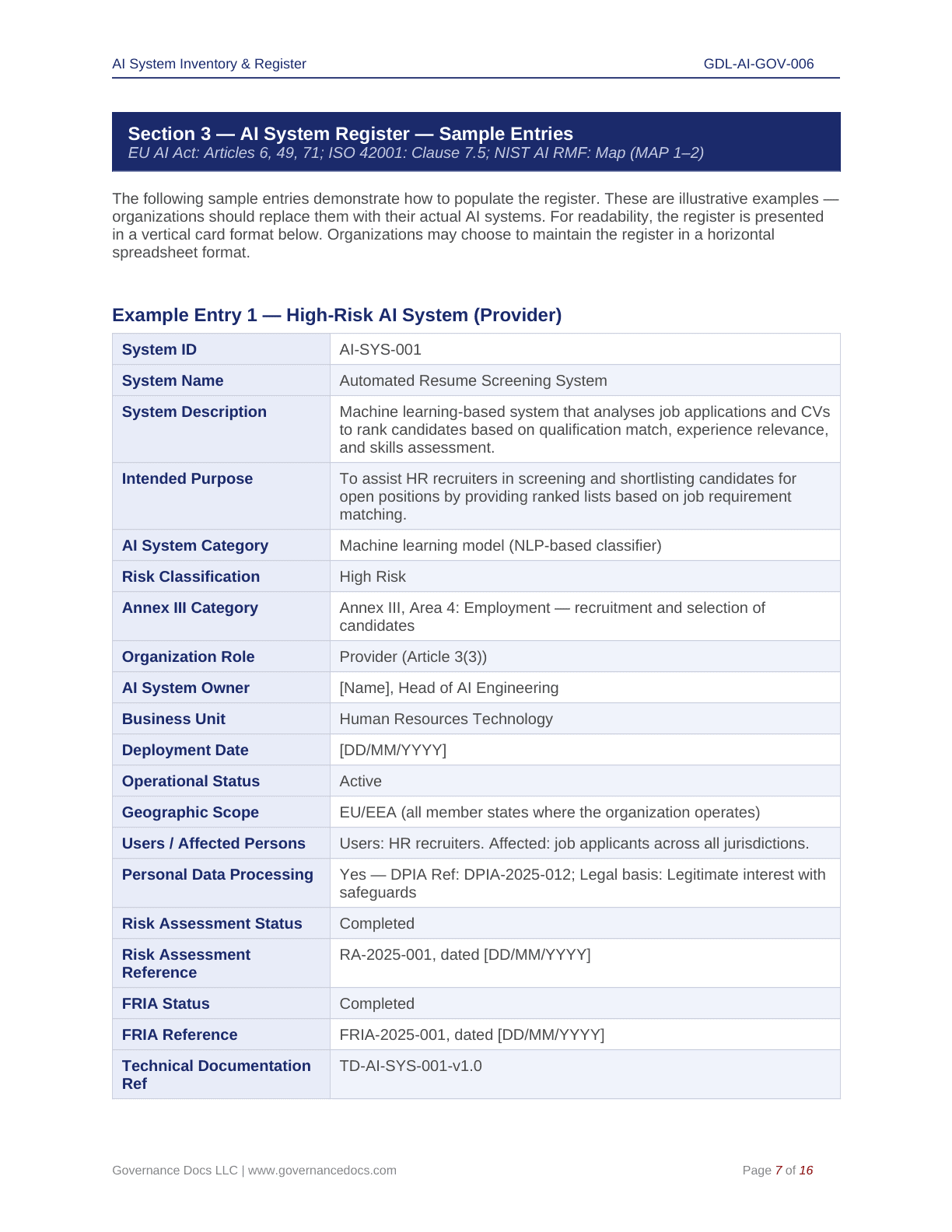 AI System Inventory & Register for EU AI Act Compliance.