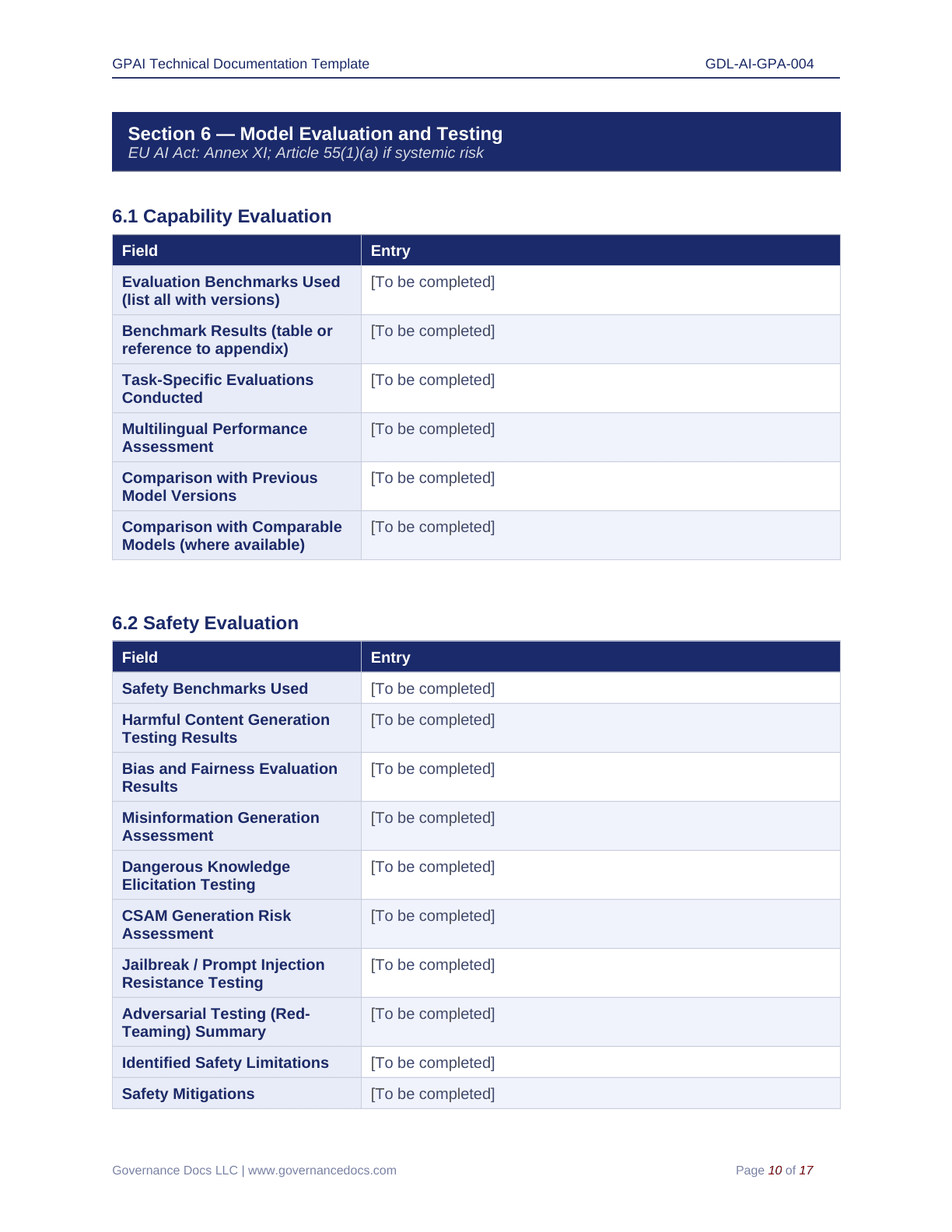 EU AI Act compliance templates for governance and risk assessment.
