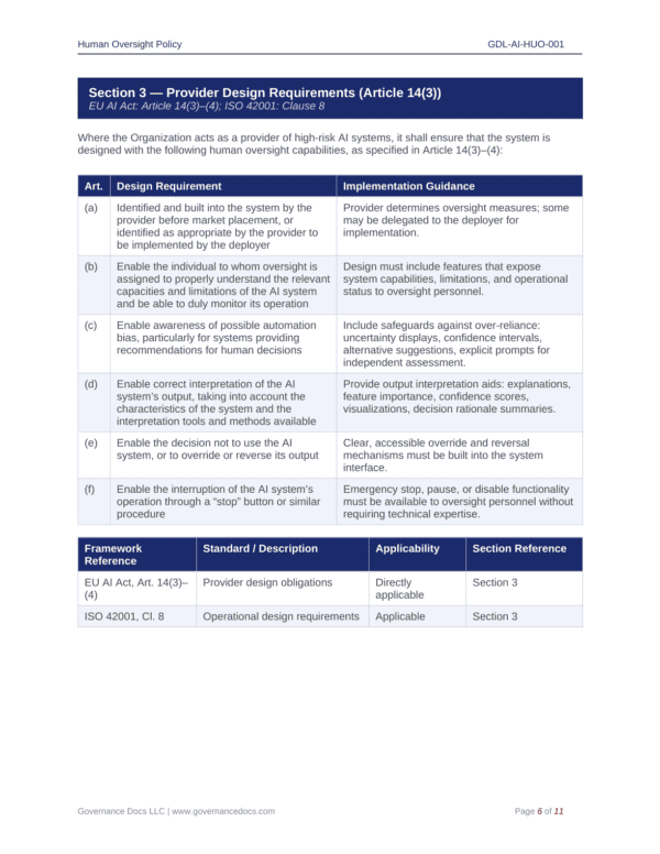 EU AI Act provider design requirements for compliance and oversight.