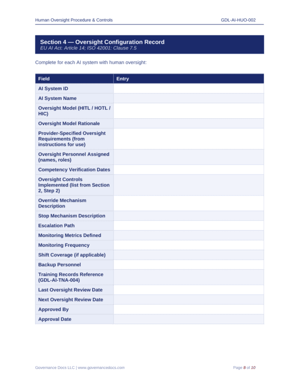 AI governance and compliance template for EU AI Act.