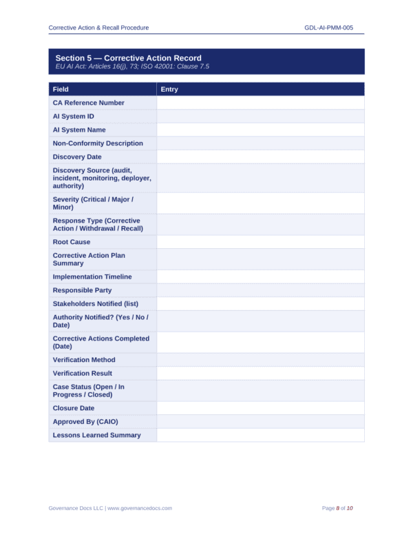 EU AI Act compliance template for governance and AI risk management.