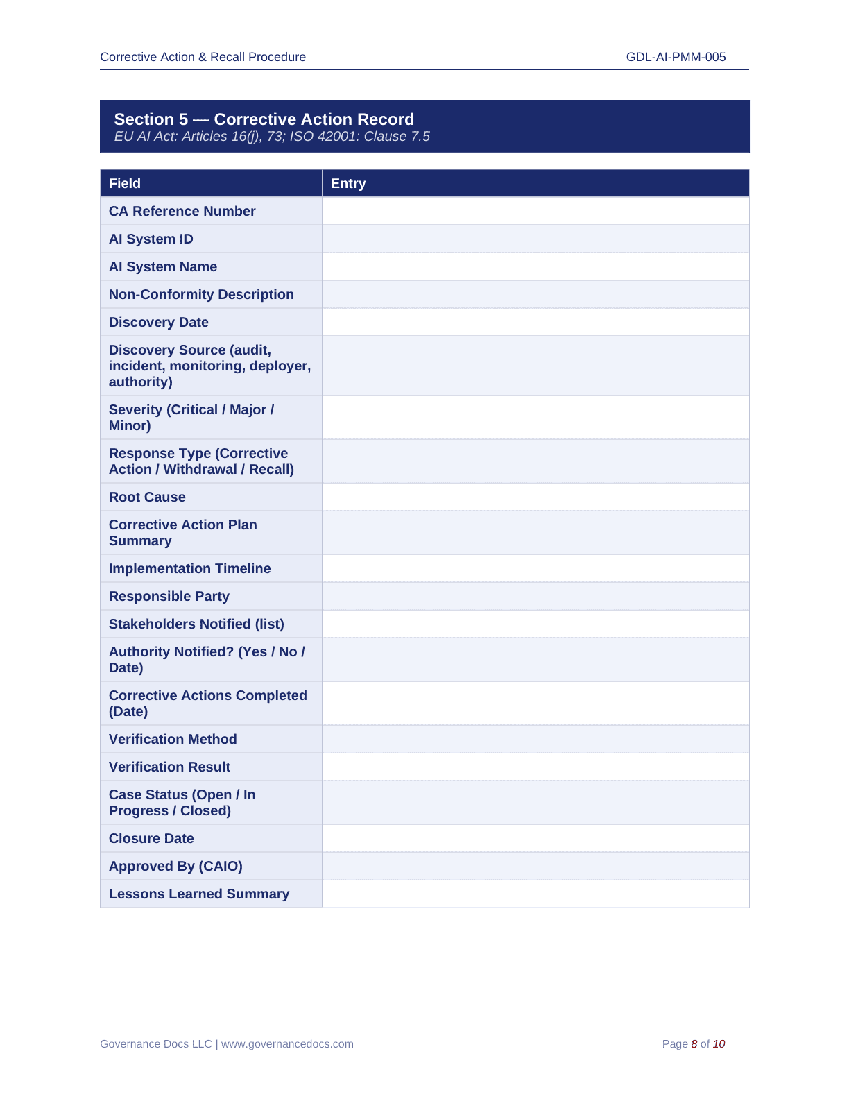 EU AI Act compliance template for governance and AI risk management.