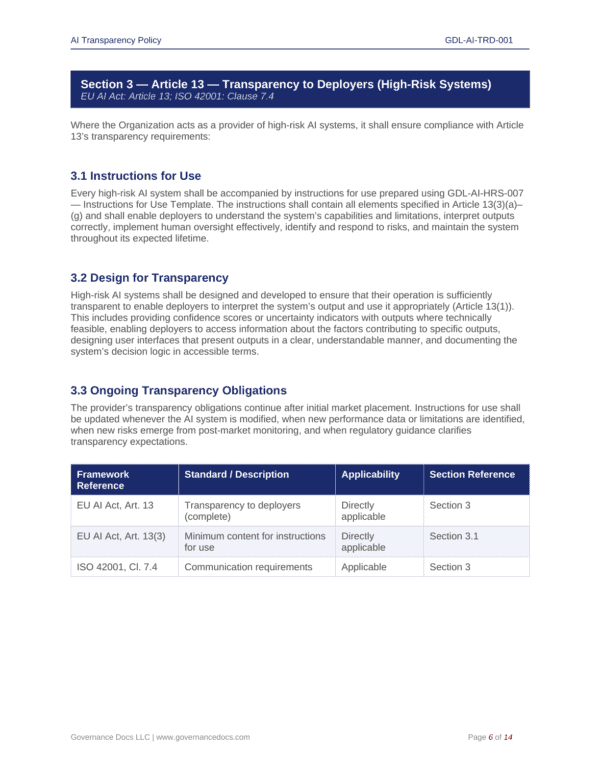 EU AI Act compliance templates for transparency and high-risk systems.