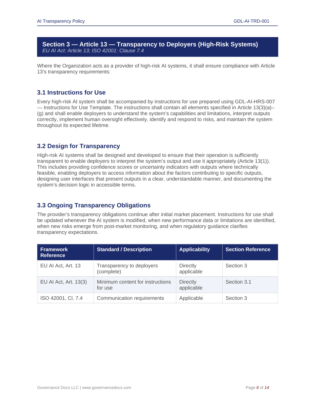 EU AI Act compliance templates for transparency and high-risk systems.