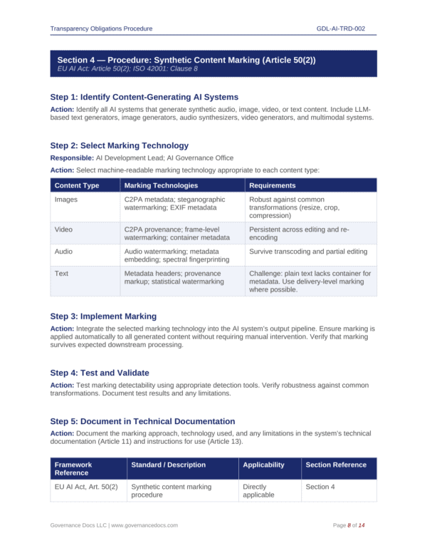 EU AI Act synthetic content marking procedure for compliance.