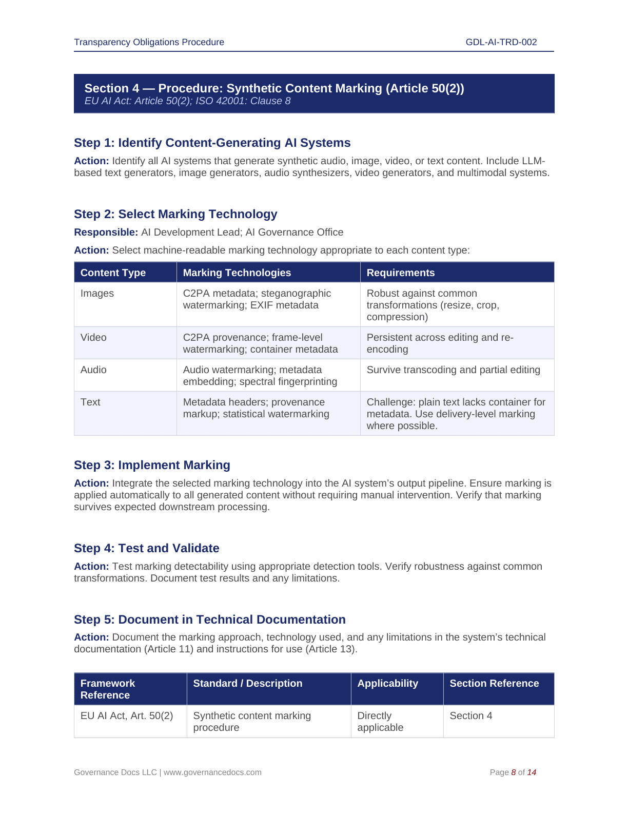 EU AI Act synthetic content marking procedure for compliance.