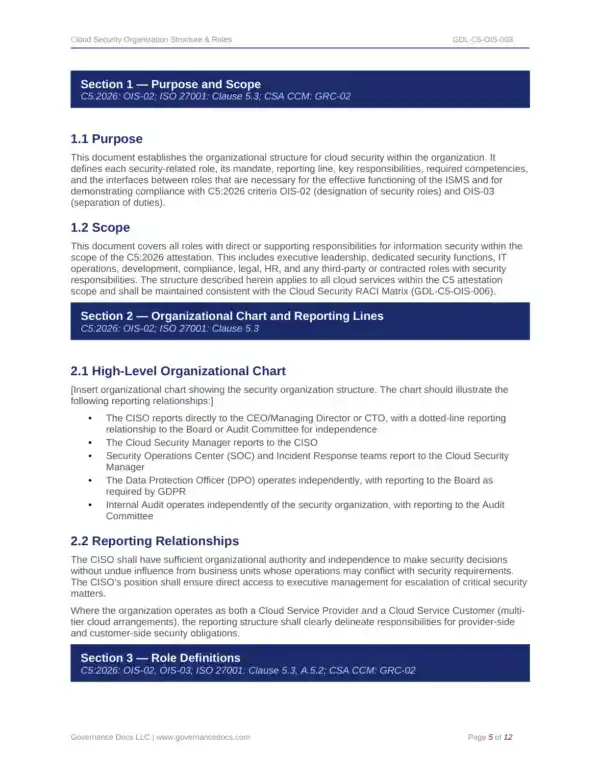 Organizational chart for cloud security roles and responsibilities.