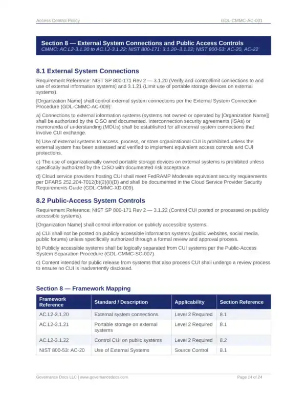 External system connections and security requirements for CMMC compliance.